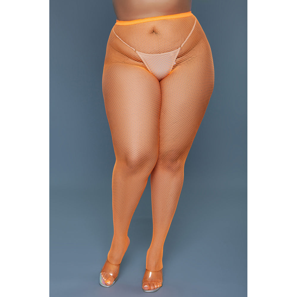 Orange mini fishnet pantyhose with a thong visible underneath.