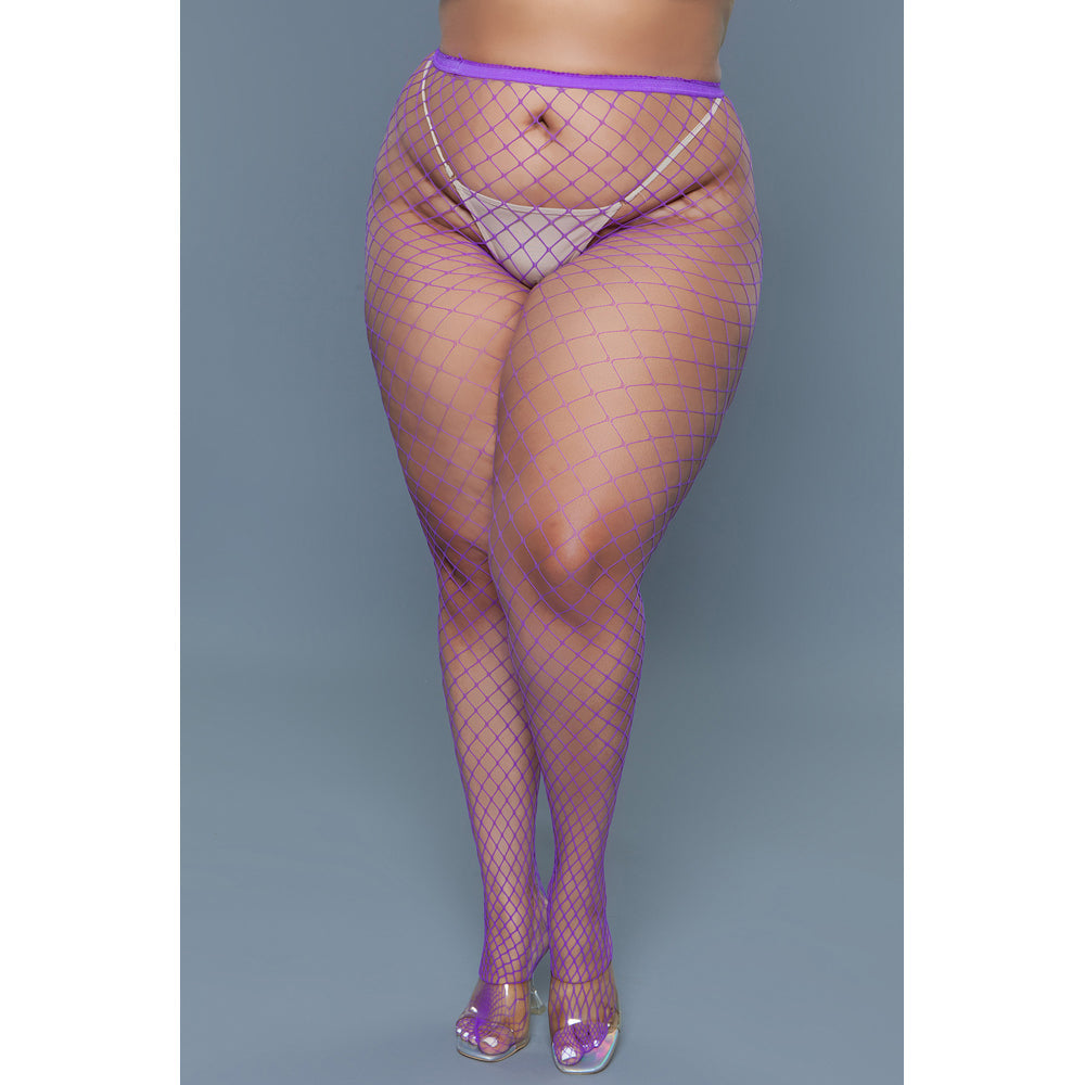 Purple oversized fishnet pantyhose with a diamond pattern.