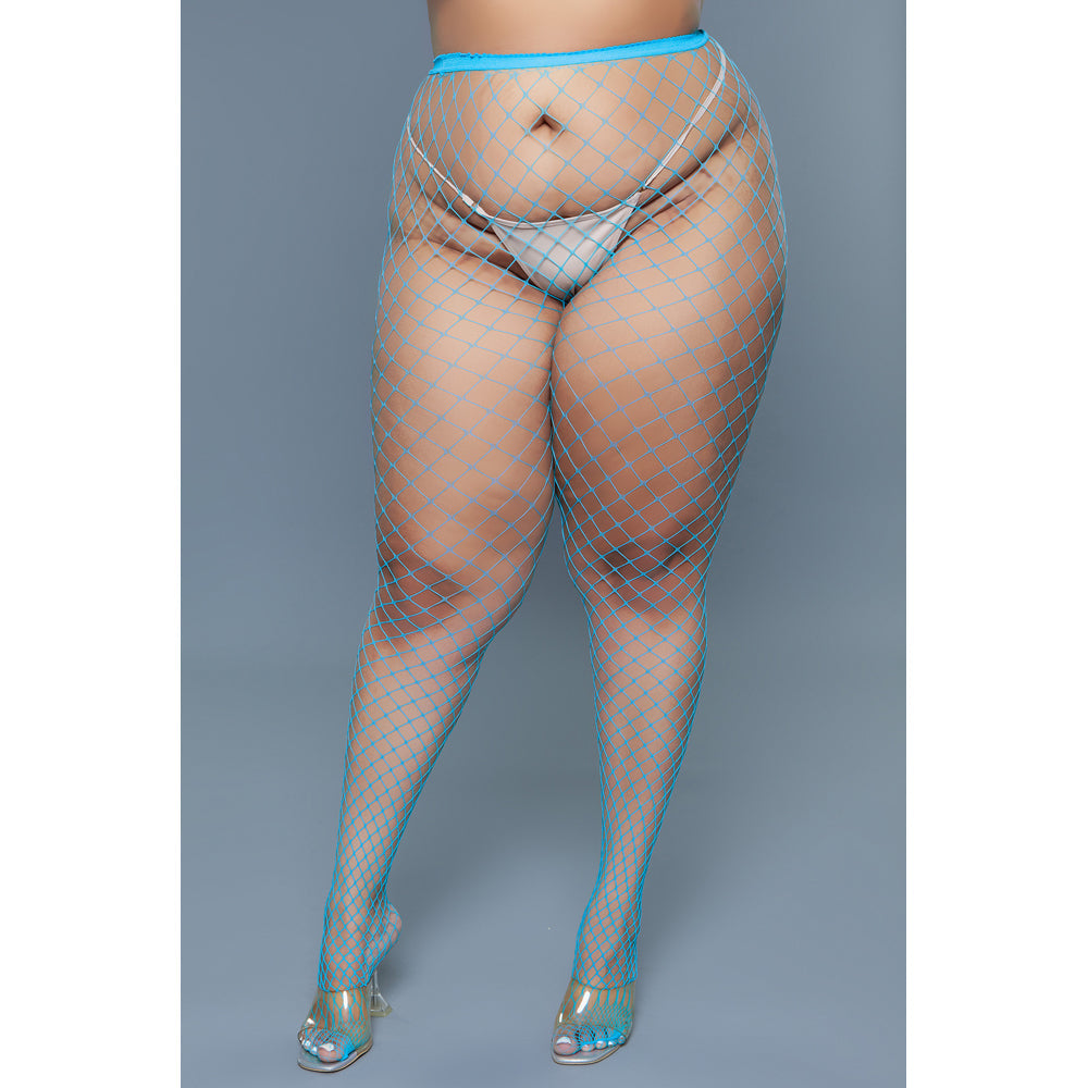 Turquoise oversized fishnet pantyhose with a comfortable, stretchy fit.