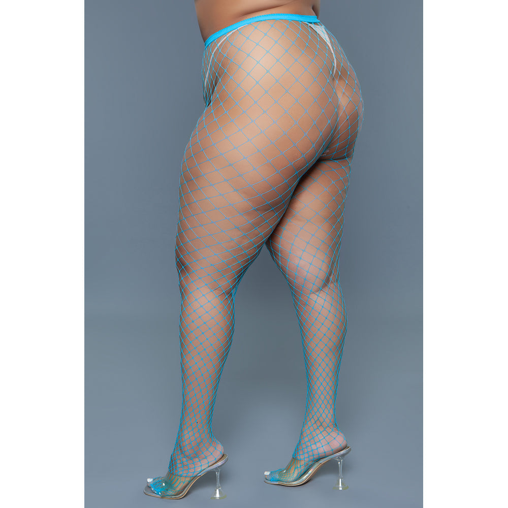 Turquoise oversized fishnet pantyhose with a diamond pattern.