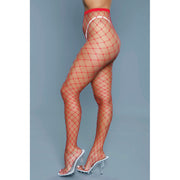 Red oversized fishnet pantyhose made of nylon and spandex.