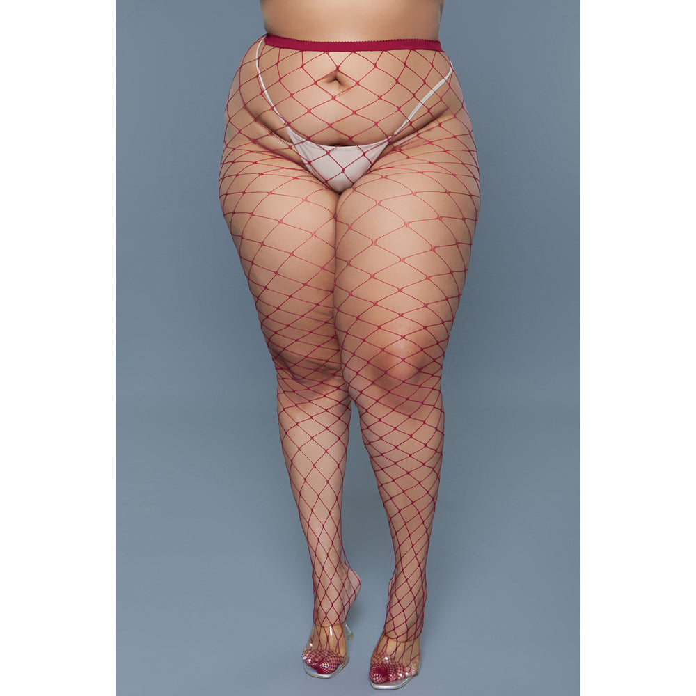 Burgundy oversized fishnet pantyhose with a diamond pattern.