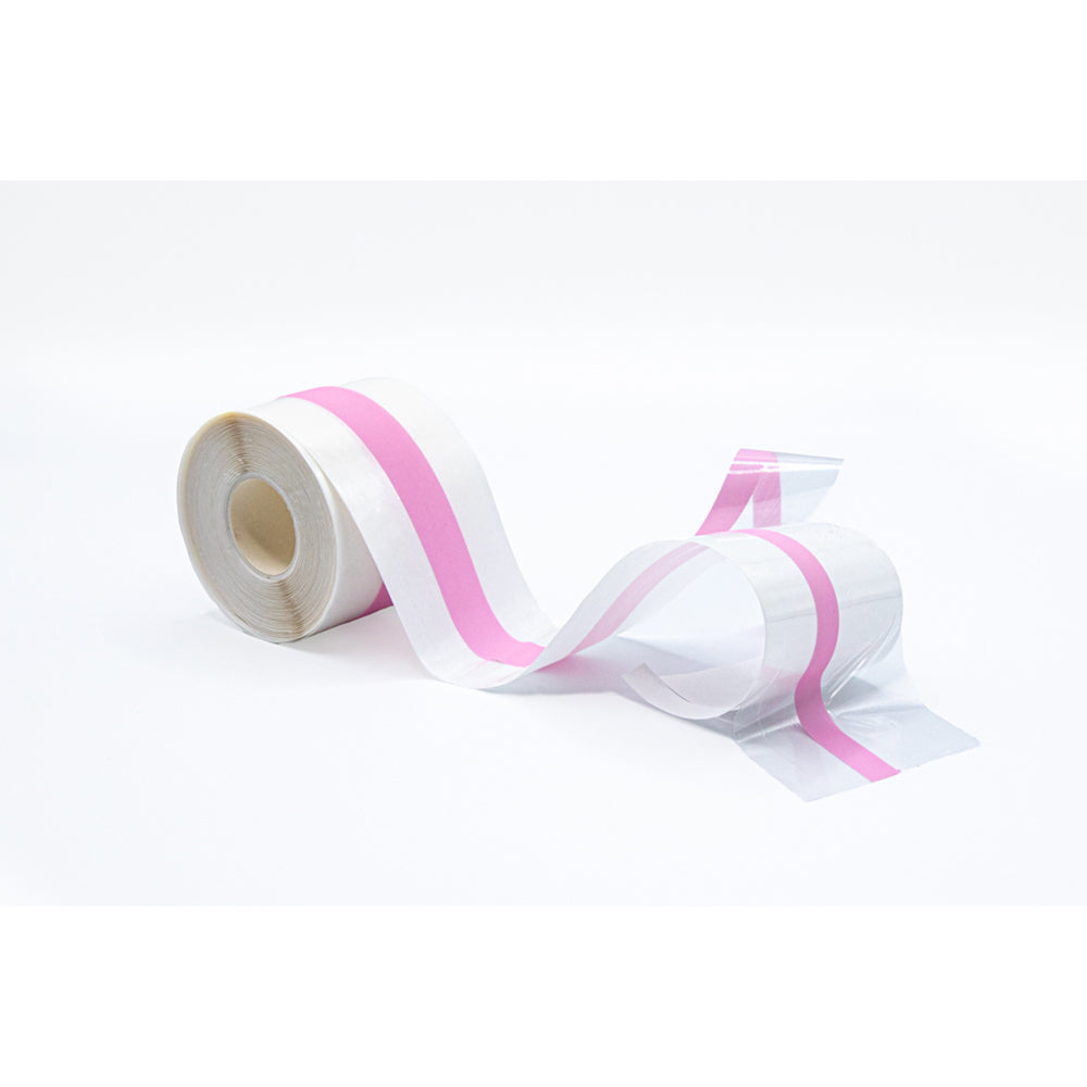 Clear adhesive breast lift tape roll with pink stripes.
