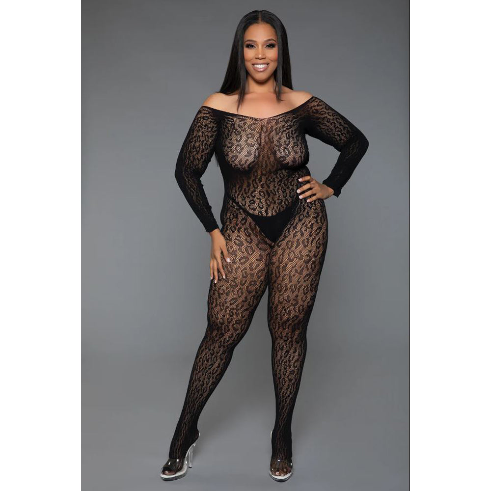 Leopard print netting crotchless bodystocking with long sleeves.