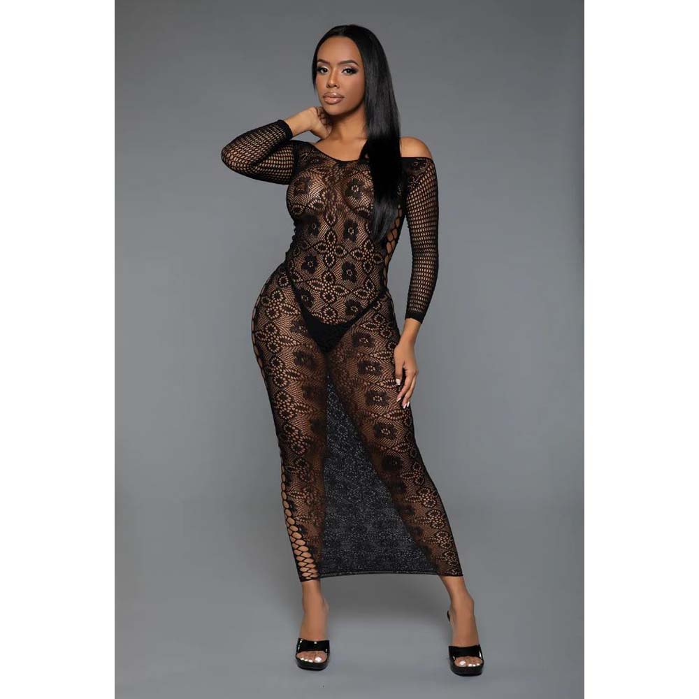Black floral lace off-shoulder maxi dress with side cutouts.