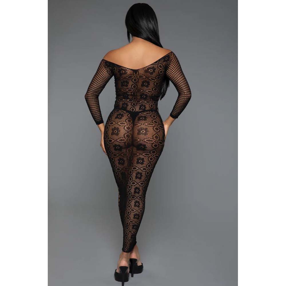 Black floral lace off-shoulder night dress with long sleeves.