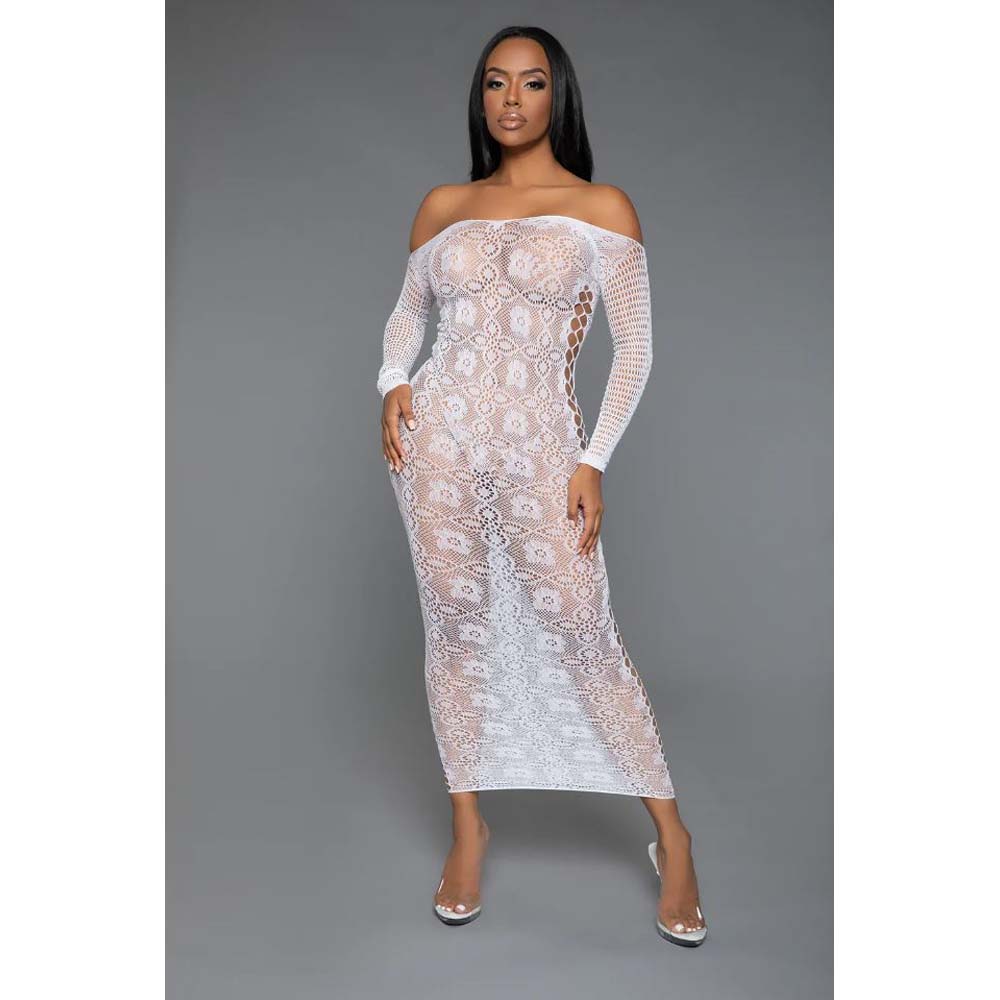 White floral lace off-shoulder long-sleeve maxi dress.