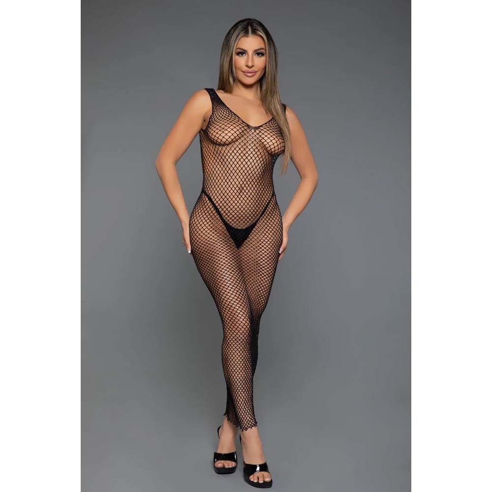 Black fishnet maxi bodycon dress with a deep U neckline and back.