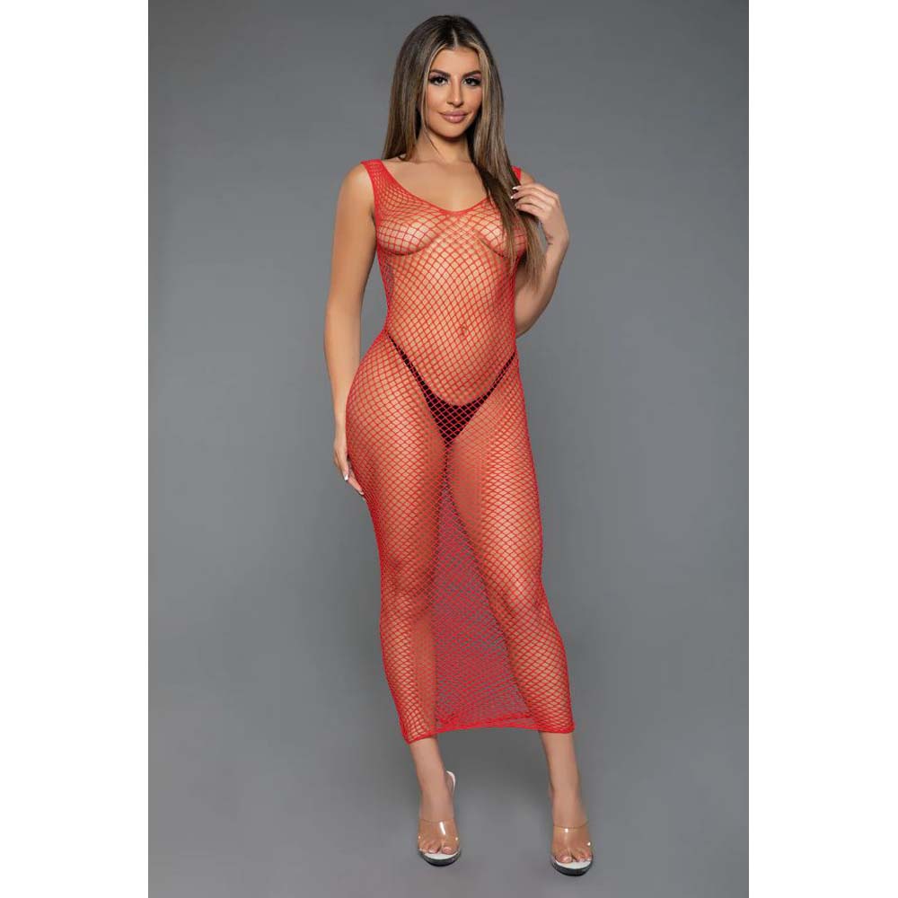 Red fishnet maxi bodycon dress with a U-neckline.