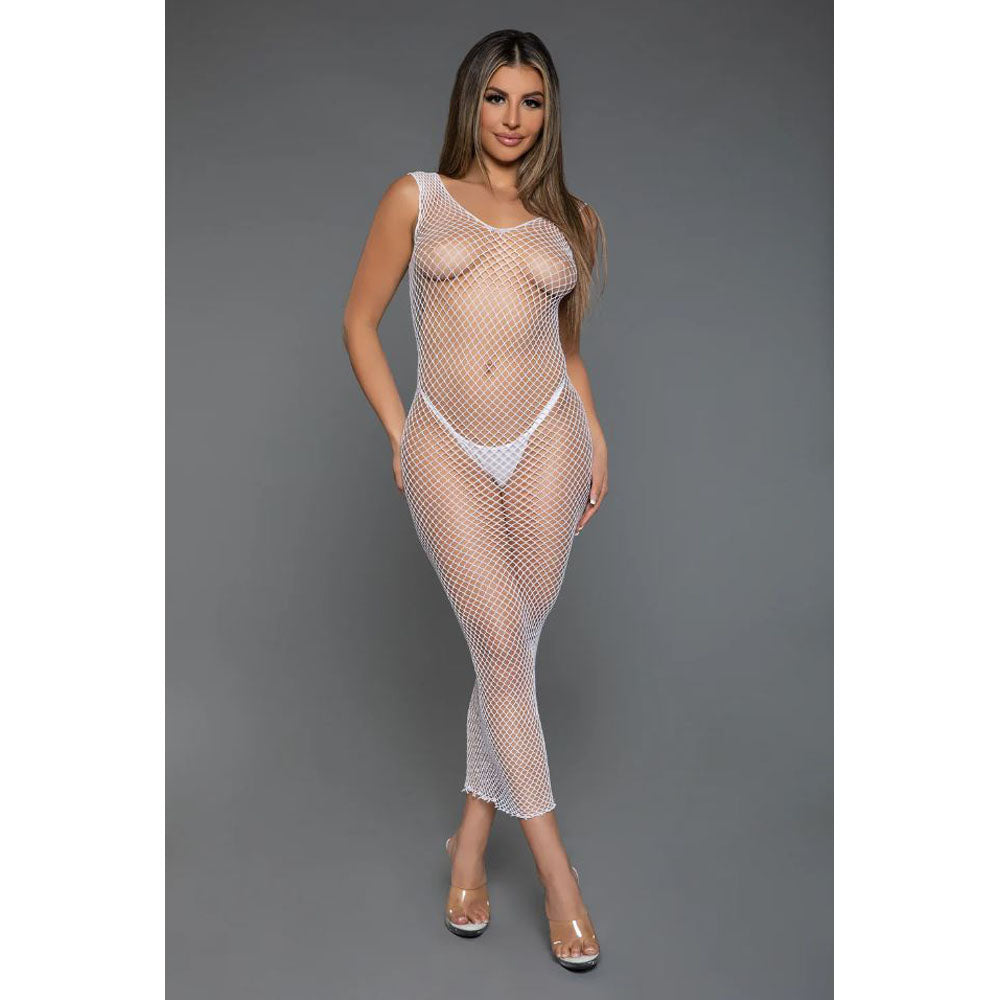 White fishnet maxi bodycon dress with a U-neckline and sleeveless design.