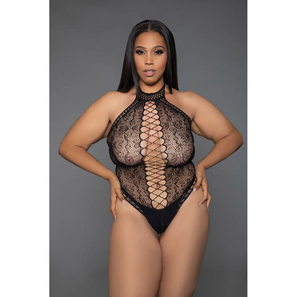 Black lace halter teddy bodysuit with lace-up front detail.