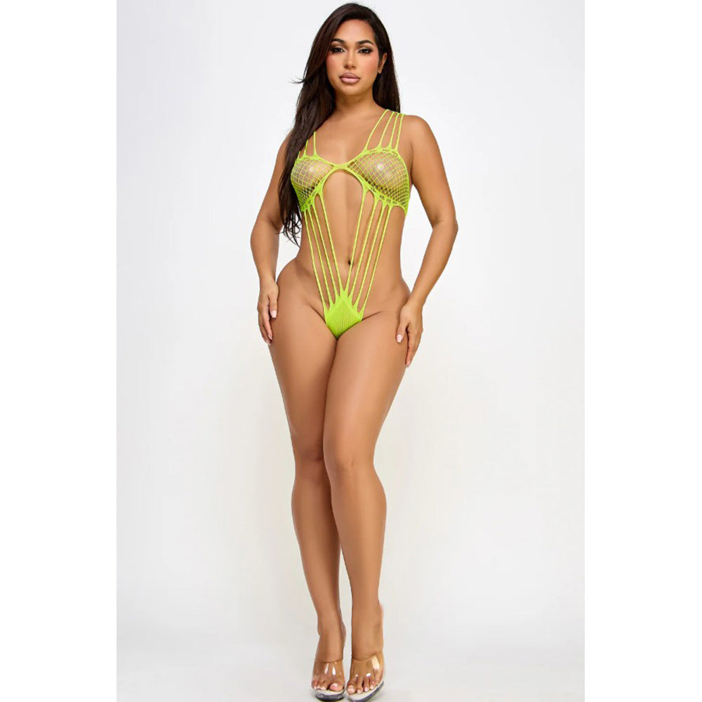 Neon green fishnet strappy bandeau bodysuit.