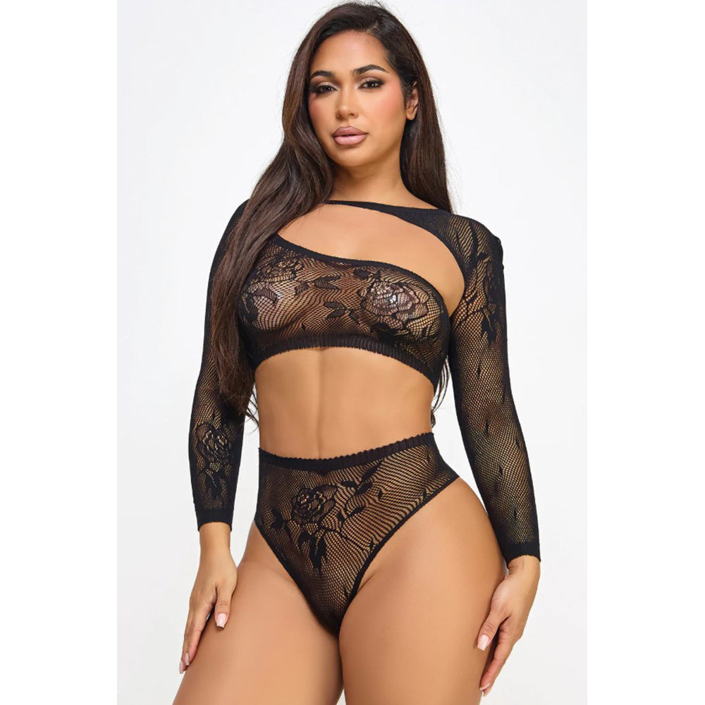 Black lace long-sleeve crop top and high-waisted bottoms with rose pattern.