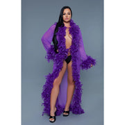 Long violet chiffon robe with feather trim.