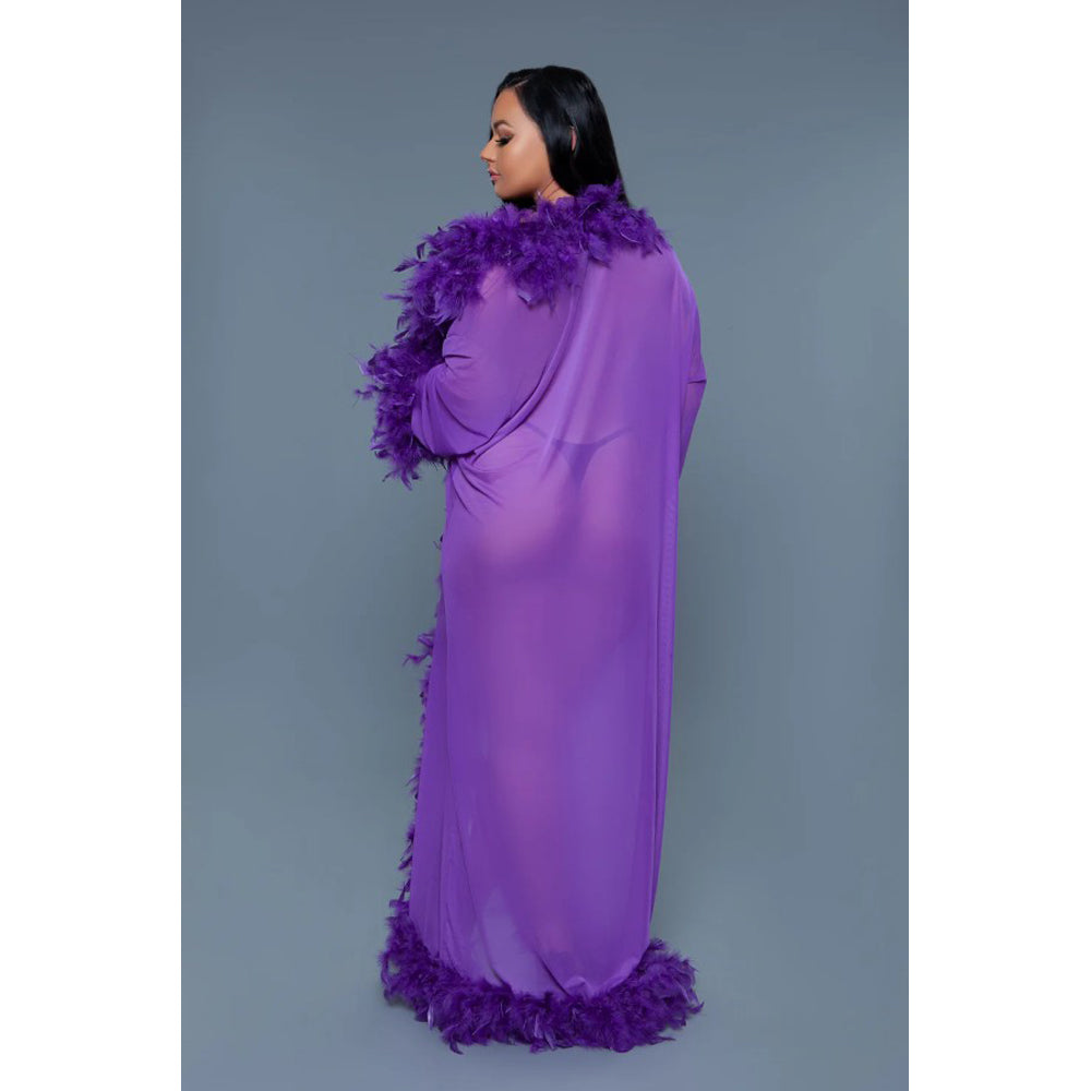 Long violet chiffon robe with feather trim.