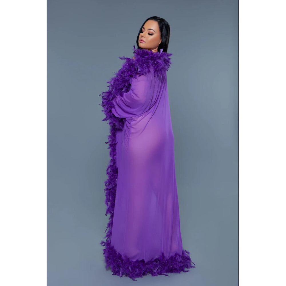 Long sheer violet chiffon robe with feather trim.