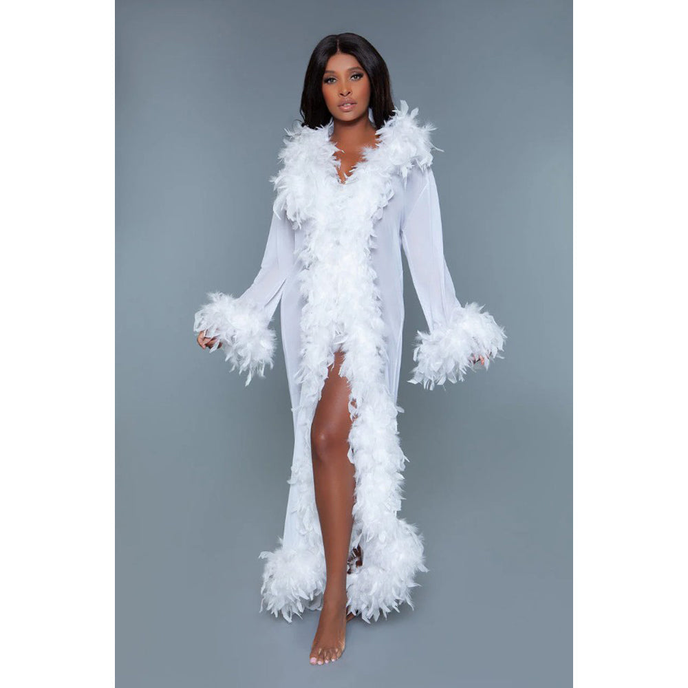 Long white chiffon robe with feather trim.
