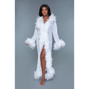 Long white chiffon robe with feather trim.