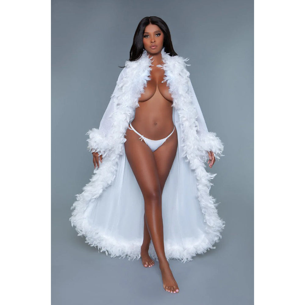 Long white chiffon robe with feather trim.