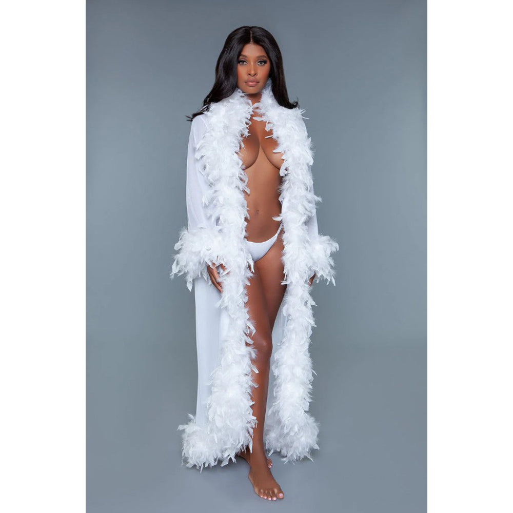 Long white chiffon robe with feather trim.