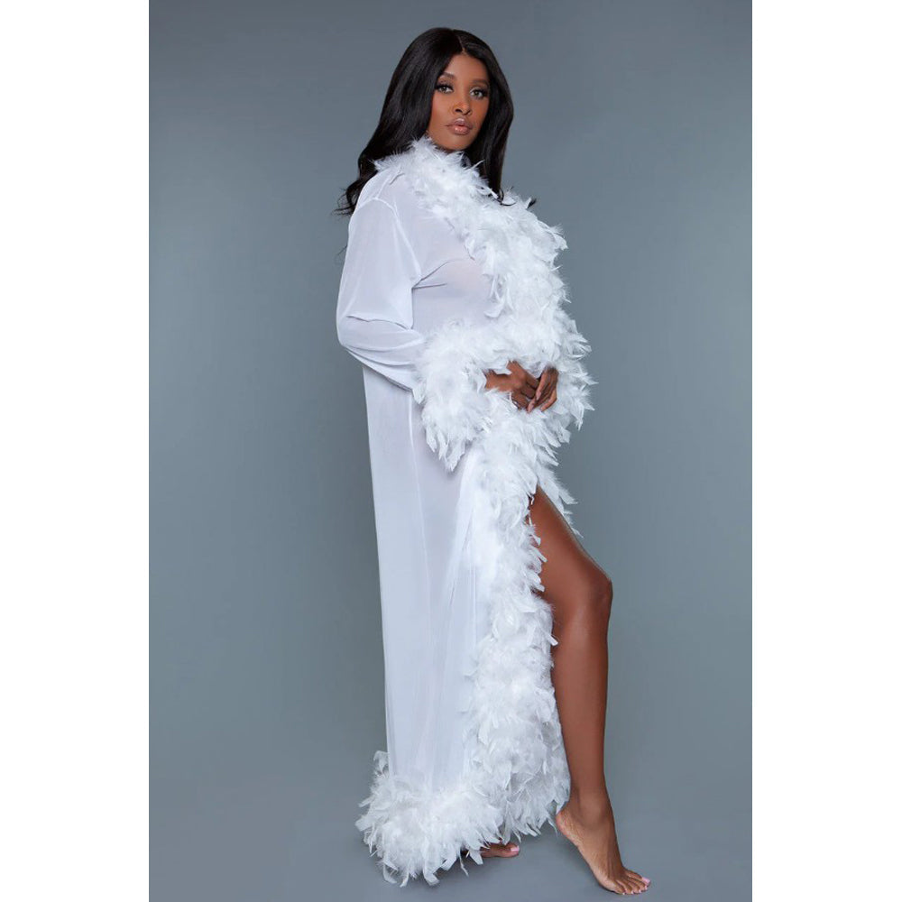 Long white chiffon robe with feather trim.