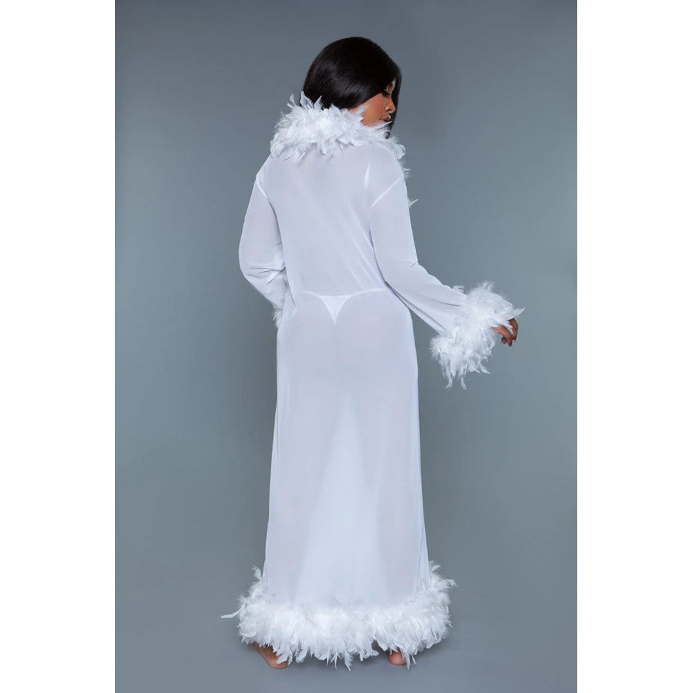 Long white chiffon robe with feather trim.
