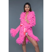 Short hot pink chiffon robe with feather trim and satin tie.