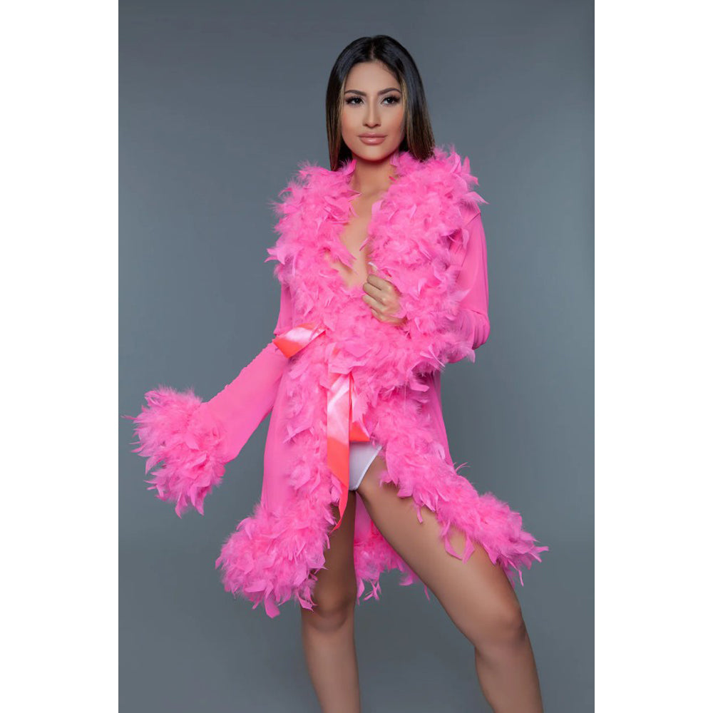 Short hot pink chiffon robe with feather trim and satin tie.