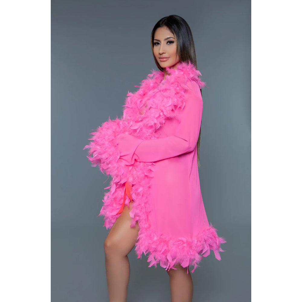 Hot pink chiffon robe with feather trim and long sleeves.