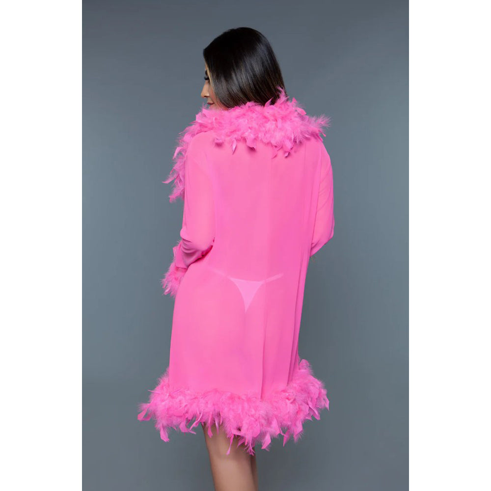 Hot pink chiffon robe with feather trim.