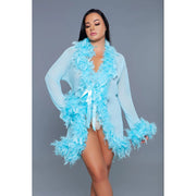Turquoise chiffon robe with feather trim and long sleeves.