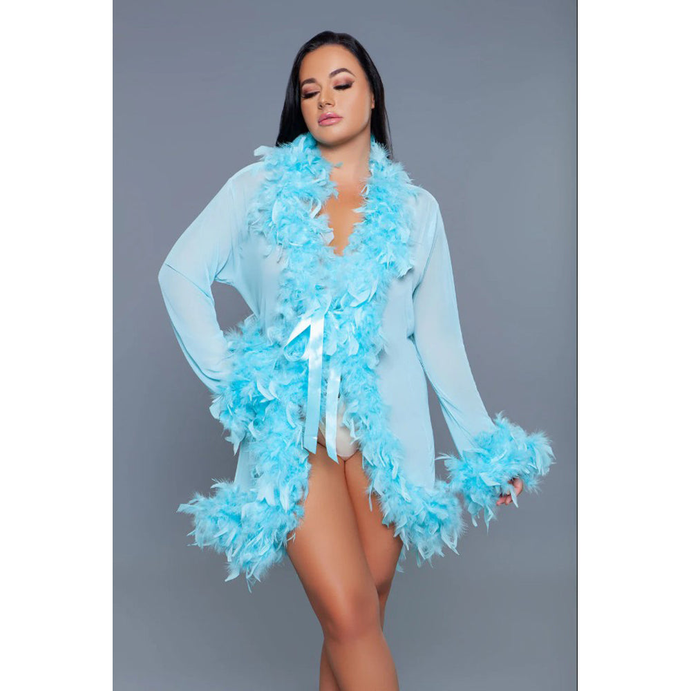 Turquoise chiffon robe with feather trim and long sleeves.