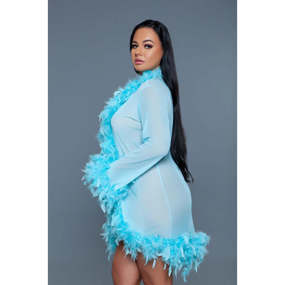 Turquoise chiffon short robe with feather trim.