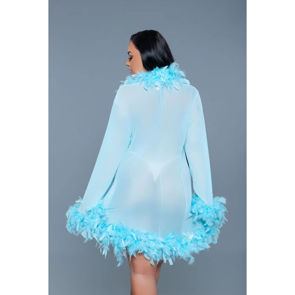 Turquoise chiffon short robe with feather trim.