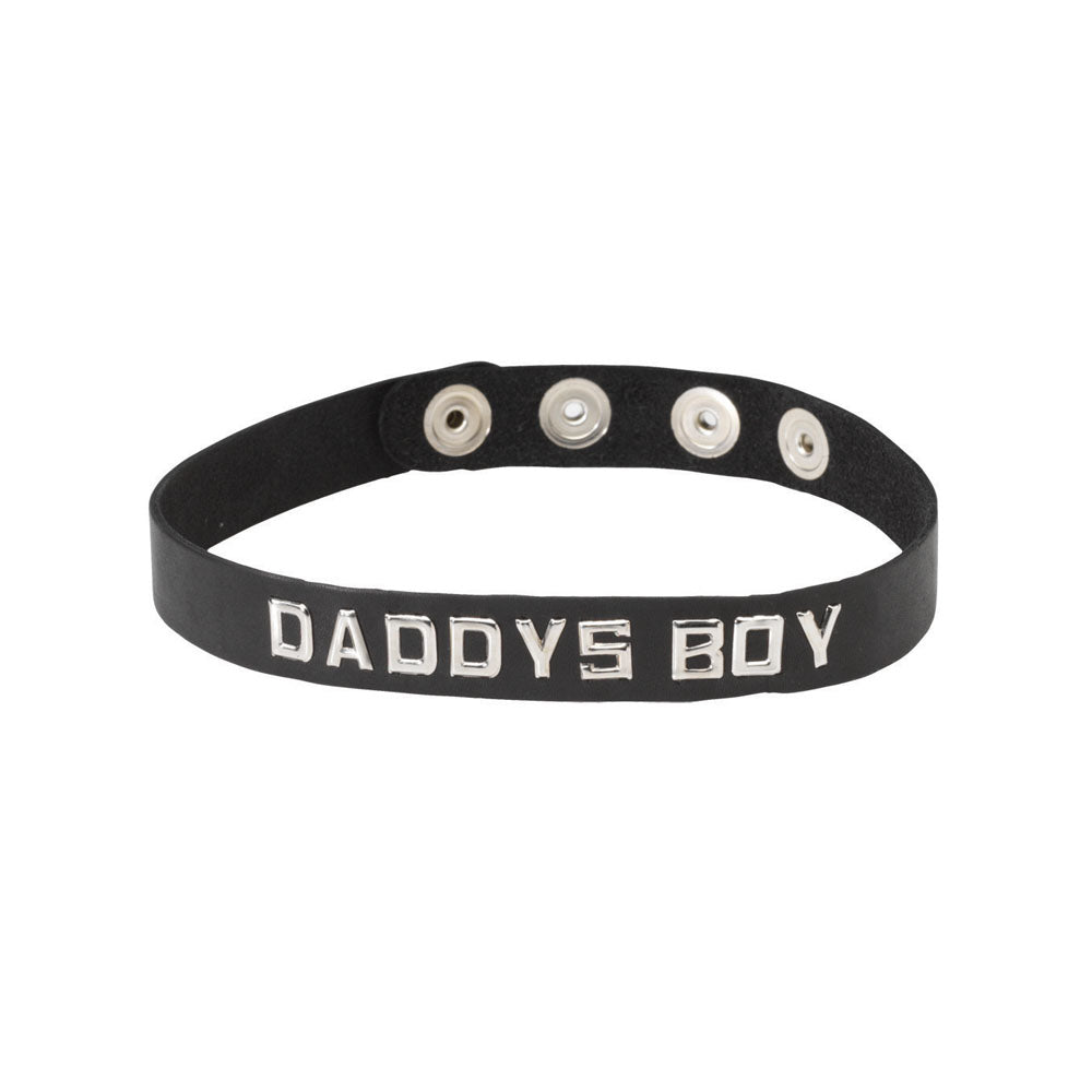 Black leather collar with "Daddys Boy" text and silver snaps.