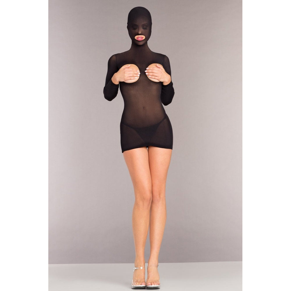 Black hooded minidress bodystocking with cupless design.