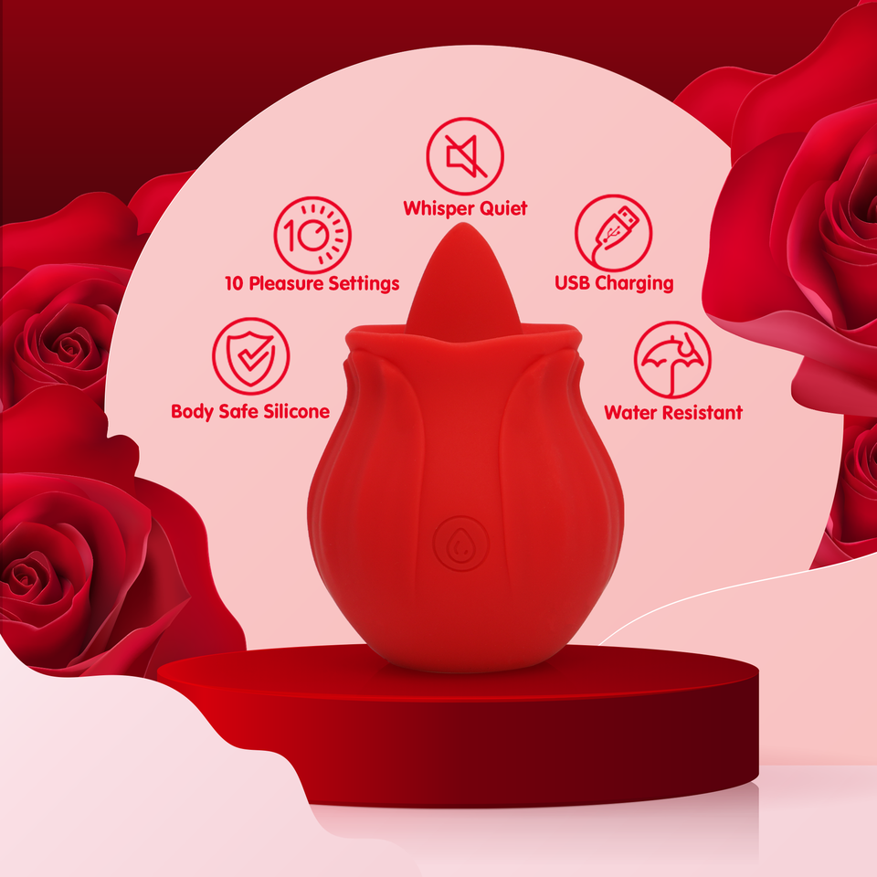 Red silicone rose-shaped vibrator with icons for 10 pleasure settings, whisper quiet, USB charging, body-safe silicone, and water resistant.
