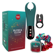 Fun Factory Blow & Glow Couples Kit with vibrator, ring, massage candle, and scrunchie.