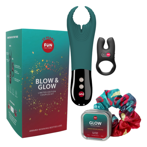 Fun Factory Blow & Glow Couples Kit with vibrator, ring, massage candle, and scrunchie.