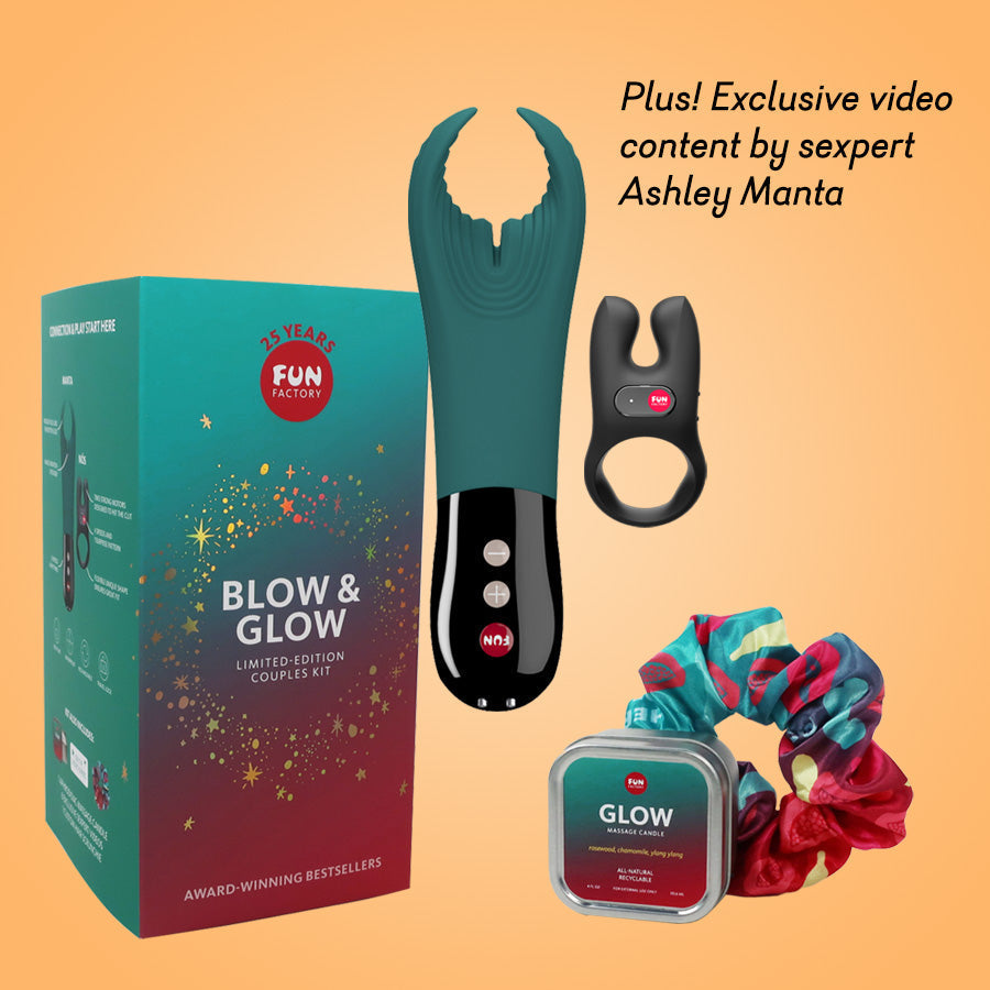 Blow & Glow Couples Kit with vibrator, climax ring, massage candle, and scrunchie.