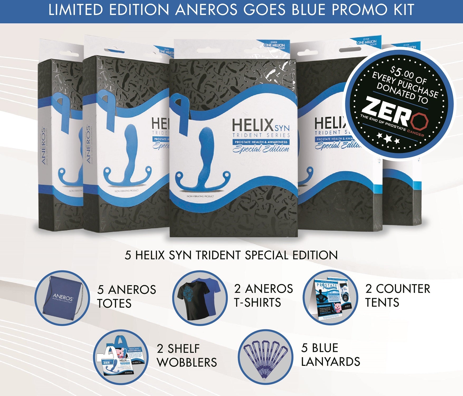 Aneros Helix Syn Trident Prostate Massager Kit in blue with accessories.