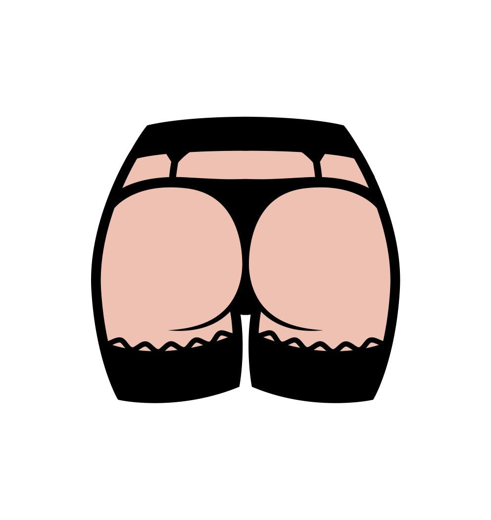 A soft enamel lapel pin featuring a stylized illustration of a person's buttocks in black underwear.
