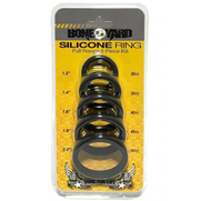 Black silicone cock ring set with five sizes ranging from 1.2 to 2.0 inches.