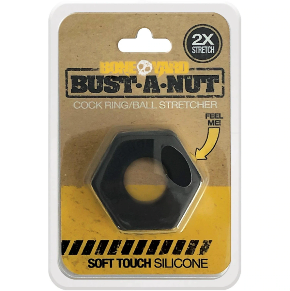 Black silicone cock ring and ball stretcher in packaging.