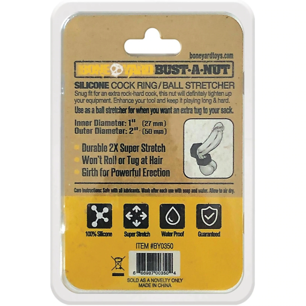 Black silicone cock ring and ball stretcher with product details.