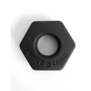 Black silicone hexagonal cock ring with "Boneyard" embossed.