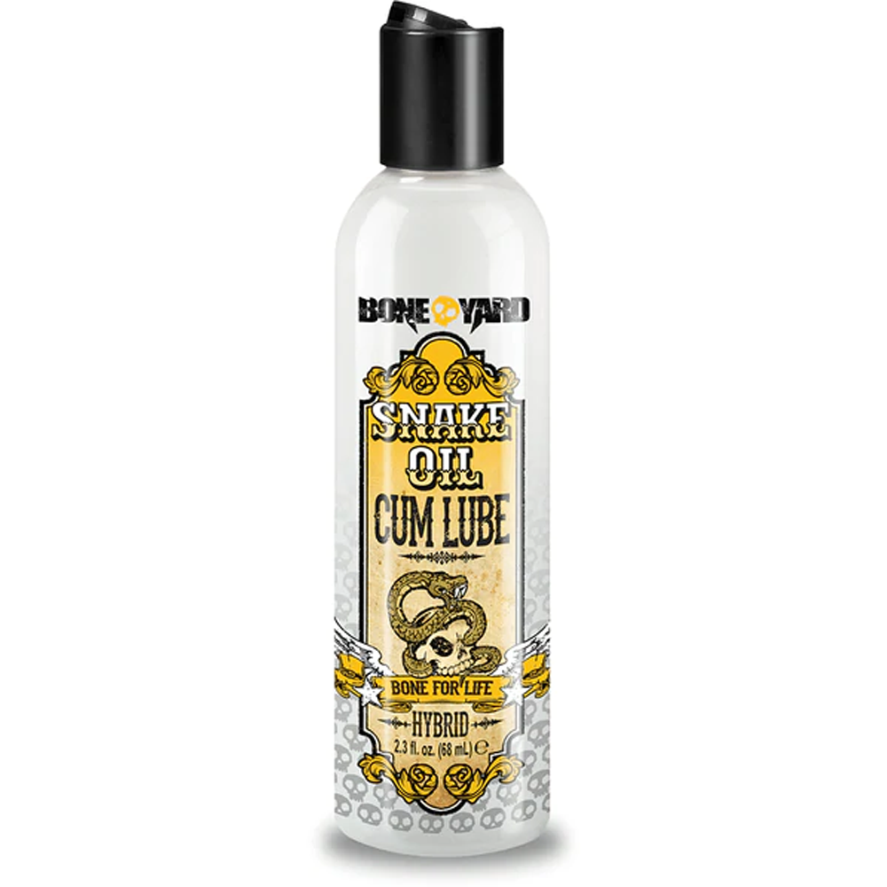 Boneyard Snake Oil Cum Lube bottle with black cap and yellow label.
