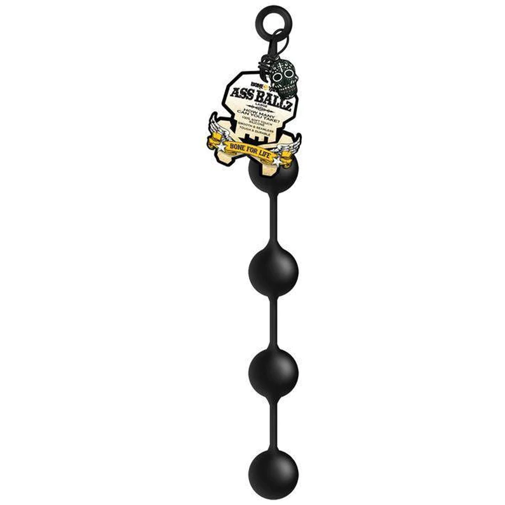 Large black silicone anal bead chain with a skull tag.