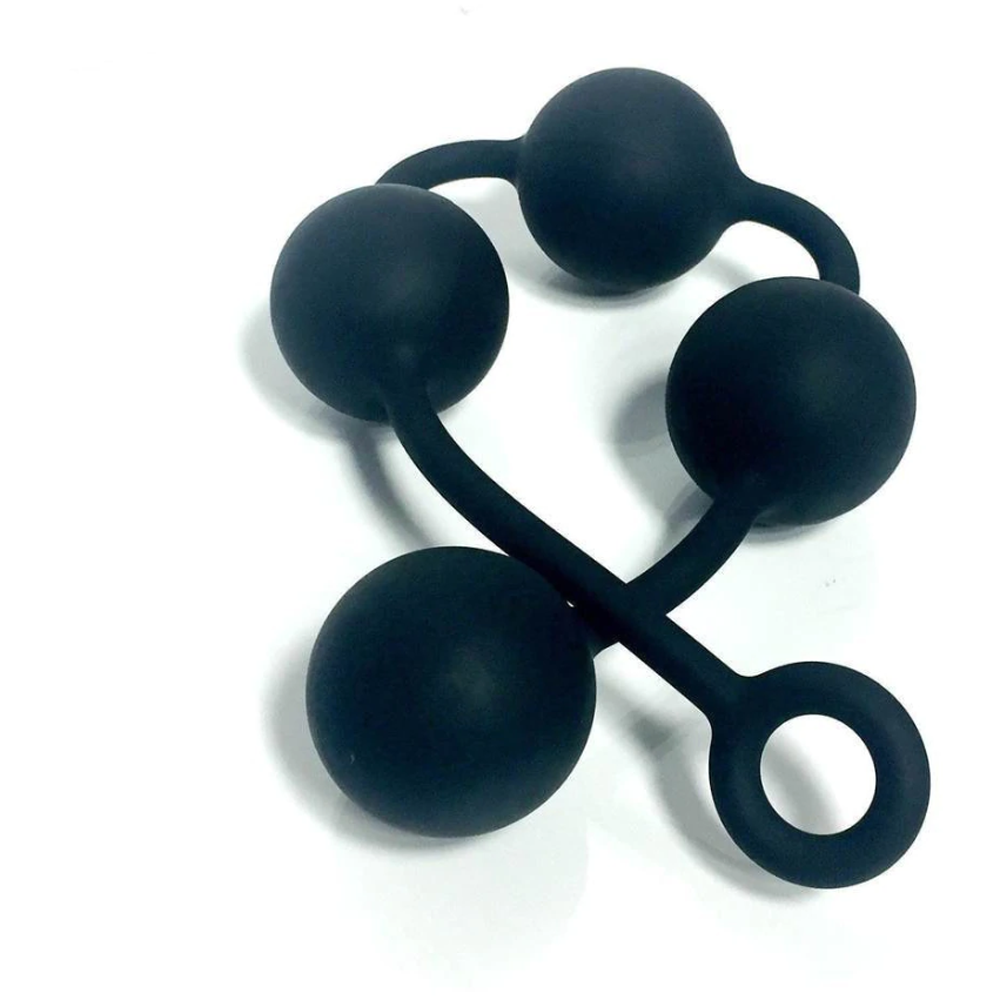 Black silicone anal bead chain with four balls and a ring handle.