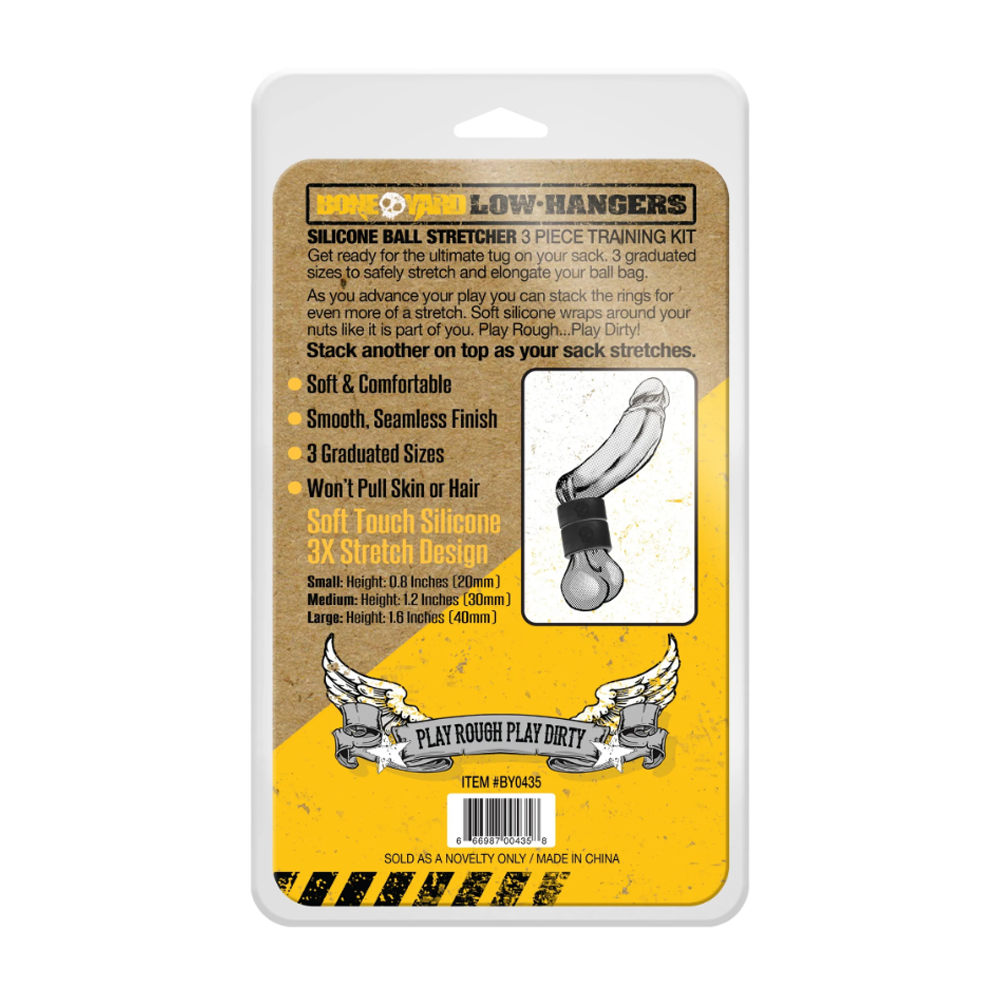 BoneYard Silicone Ball Stretcher 3-Piece Training Kit with three graduated rings.